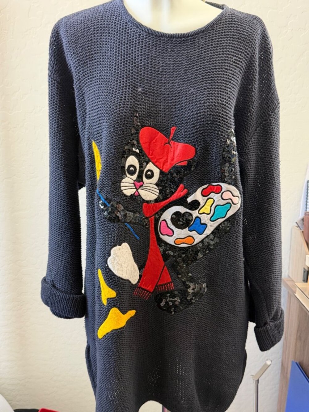 Bonnie Boerer Womens Black Knit Sweater With Sequin Painter Cat Art Sz M